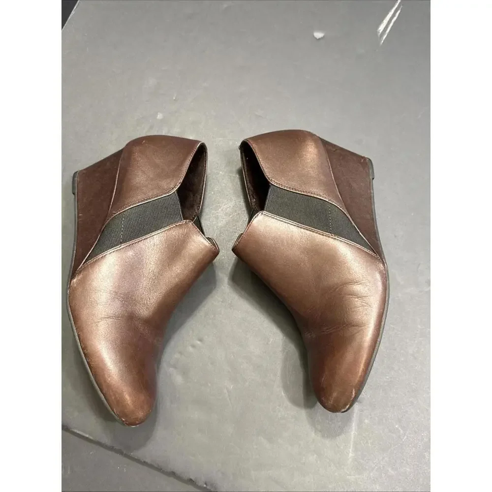 Vionic Stanton Wedge‎ Heel Career Bootie Ankle Boots Brown Leather Slip-On 7